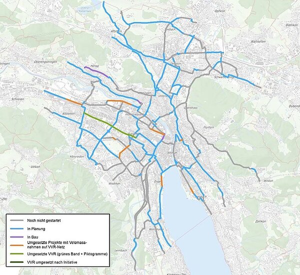 Grafik mit den Verzeichneten Velovorzugsroutend er Stadt Zürich und aktuellen Stand.
