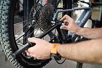 Hinterrad eines Mountainbikes. 