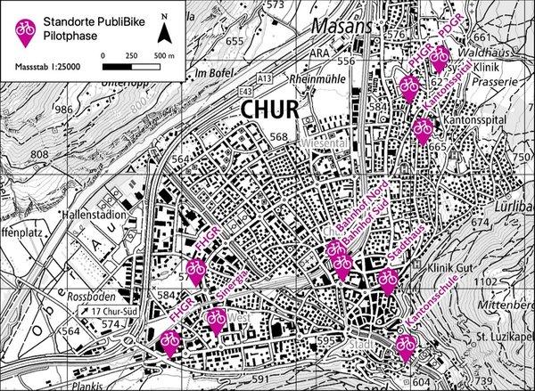 Publibike Bikesharing Churz. Karte mit pink eingezeichneten Standorten eines Fahrradverleihs.