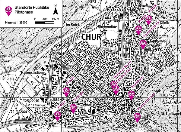 Publibike Bikesharing Churz. Karte mit pink eingezeichneten Standorten eines Fahrradverleihs.