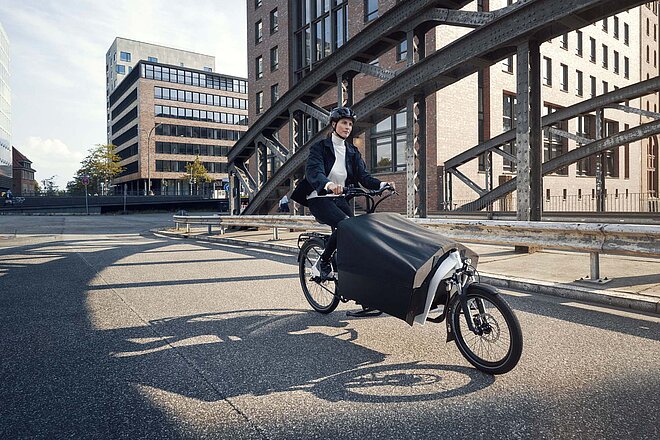 Pro Velo fordert Subventionen für Cargobikes in der Schweiz. Eine Frau fährt auf einem Lastenrad von Riese & Müller über eine Brücke.