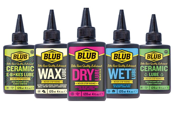 Blub Lube. Farbige Fläschchen mit Kettenöl für Fahrräder.