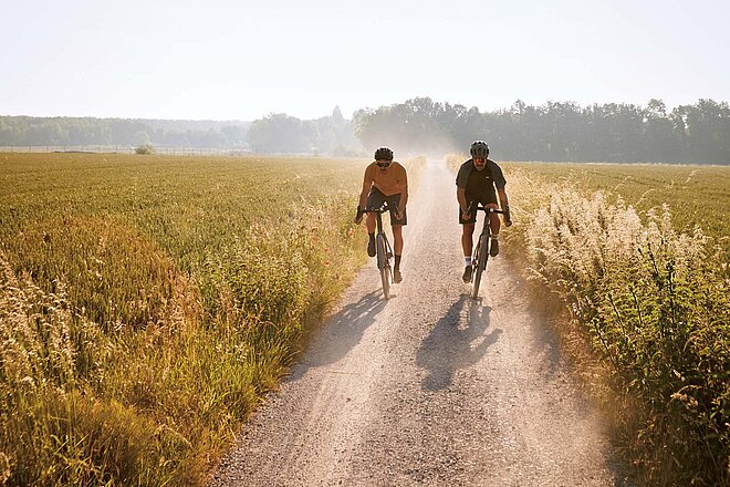 Zwei Radfahrer fahren mit ihren Gravelbikes auf einem Kiesweg. Links und rechts des Wegs sind grüne Felder