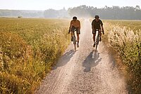 Zwei Radfahrer fahren mit ihren Gravelbikes auf einem Kiesweg. Links und rechts des Wegs sind grüne Felder