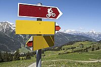 Die International Mountain Bicyling Association (IMBA) stellt sich neu auf. Wegweiser ohne Zielangaben in der Lenzerheide.