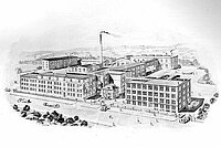 Ales schwarz weisses Bild einer Fabrik. 140 Jahre Diamant Fahrrad.