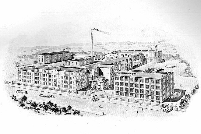 Ales schwarz weisses Bild einer Fabrik. 140 Jahre Diamant Fahrrad.