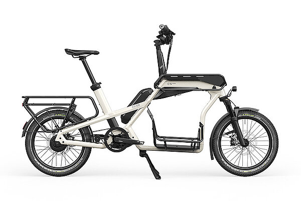 Ca Go CS kompaktes E-Lastenvelo. Cargobike mit weissem Rahmen.