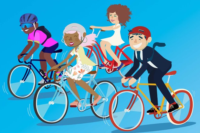 Illustration von Bike to Work mit verschieden Menschen auf dem Velo vor blauem Hintergrund 