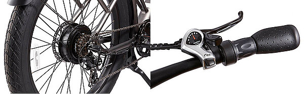 Flyer zieht Flyer vor Gericht. Nabenmotor und Lenker eines E-Bikes.