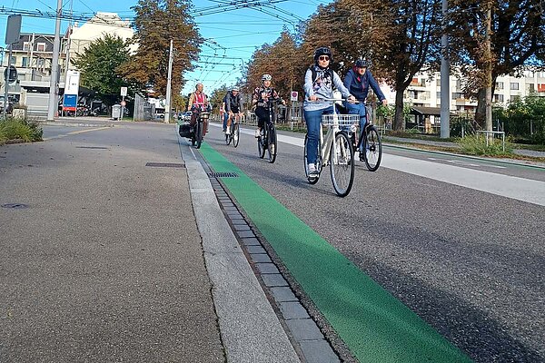 Die grünen Streifen am Strassenrand helfen, einen Mindestabstand zu parkierten Autos zu halten.