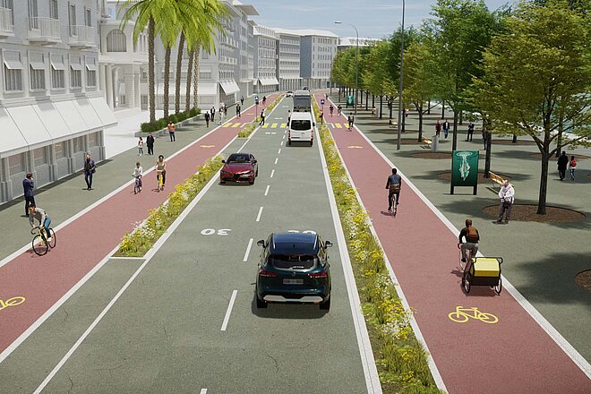 So weit ist es in vielen Kantonen noch nicht: Visualisierung einer Veloroute entlang eines städtischen Boulevards. Optimismus trotz Kritik. Umsetzung Veloweggesetz in der Schweiz.