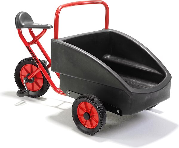 rotes Cargo-Dreirad von Winther mit grosser schwarzer Ladefläche vorne