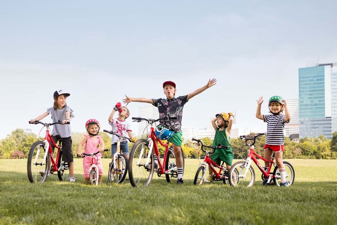Kinder mit Fahrrädern auf grüner Wiese.