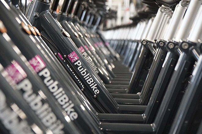 Rahmen von Publibike Bikesharingvelos sind hintereinander aufgereiht