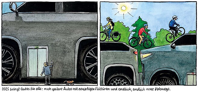 Comicstrip von Schlorian mit Autos und Fahrrädern.
