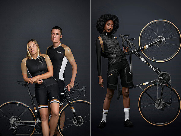 Hugo Boss BMC Assos Tudor Pro Cycling. Models tragen Fahrradbekleidung von Hugo Boss.