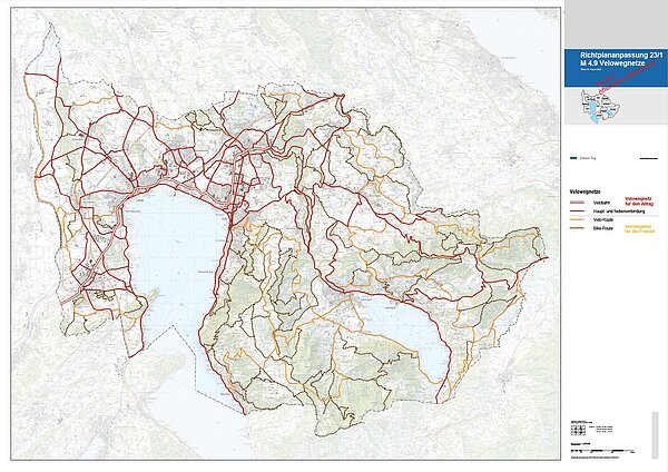 Richtplan Kanton Zug Velwegnetz. Karte des Kantons Zug mit eingezeichnetem Velowegnetz.