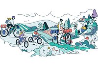 Illustration von Victor Rigo. Eine Familie mit Velos auf einem Ausflug.
