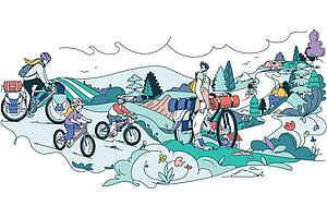 Illustration von Victor Rigo. Eine Familie mit Velos auf einem Ausflug.