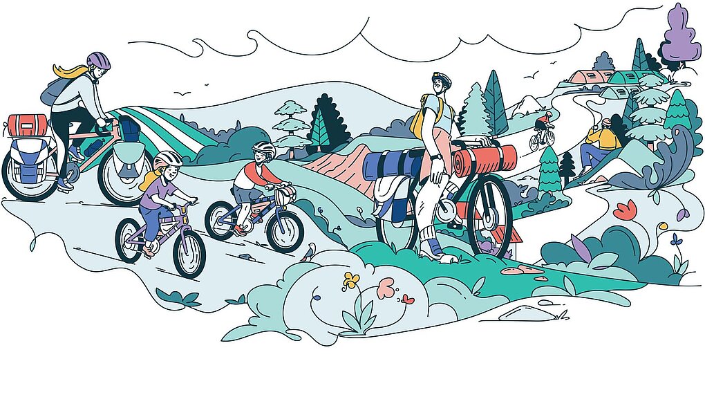 Illustration von Victor Rigo. Eine Familie mit Velos auf einem Ausflug.