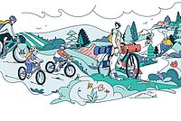 Illustration von Victor Rigo. Eine Familie mit Velos auf einem Ausflug.