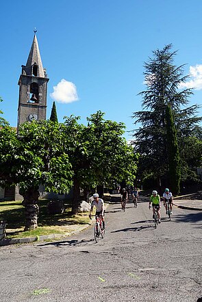 Ein Gruppe Radfahrer auf einem Strässchen in Frankreich