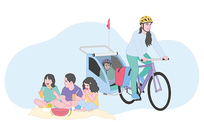 Ein Bild das eine Frau auf dem Fahrrad mit Kinderanhänger zeigt.