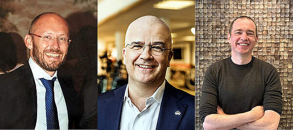Drei Portraitfotos von Männern in Anzügen.