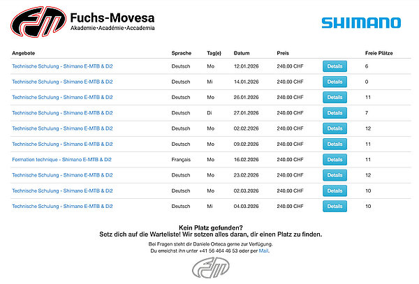 Die zehn Termine der Shimano-Schulungen.