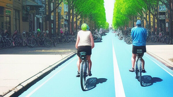 zwei Velofahrende auf blauem Veloweg gesäumt von Bäumen