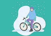Illustration eines Kindes mit Winterkleidern auf dem Fahrrad.