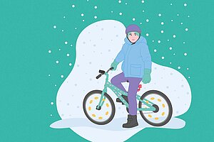 Illustration eines Kindes mit Winterkleidern auf dem Fahrrad.