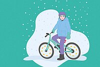 Illustration eines Kindes mit Winterkleidern auf dem Fahrrad.