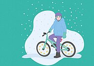 Illustration eines Kindes mit Winterkleidern auf dem Fahrrad.