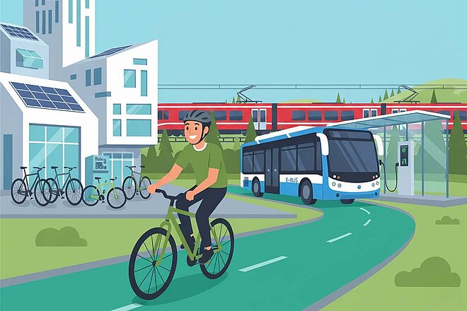 Illustration eines Radfahrers auf einem Fahrradweg. Im Hintergrund ist eine Stadt zu sehen. 