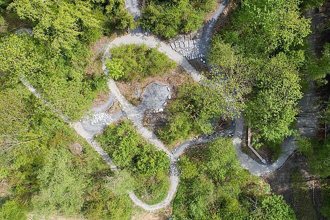 Bikepark zwischen Bäumen aus der Vogelperspektive