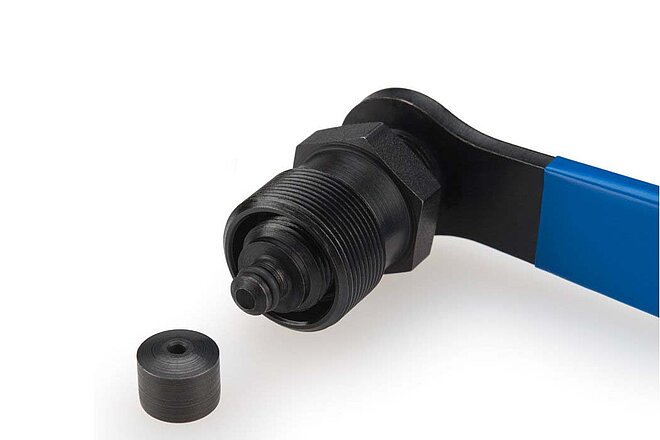 Park Tool ruft Kurbelabzieher zurück. Blauer Kurbelabzieher mit Aufsatz. 