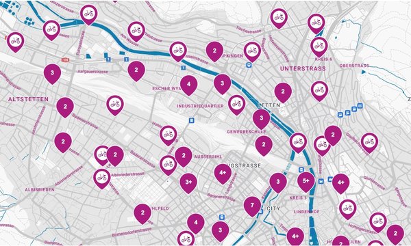 Weisse Publibike Karte von Velo Zürich mit pink markierten Standorten