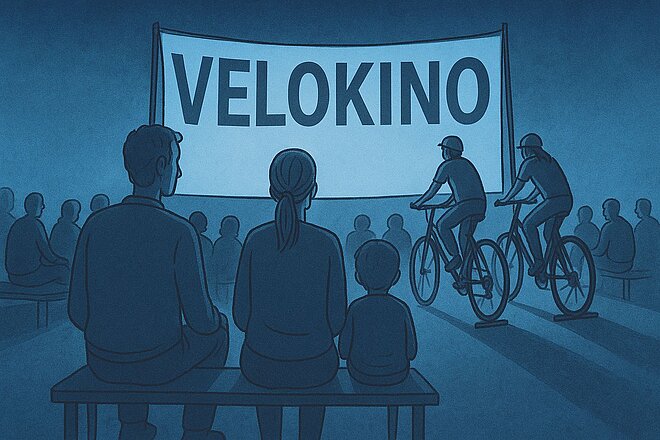 Illustration eines Velokinos in blauer Abendstimmung. 