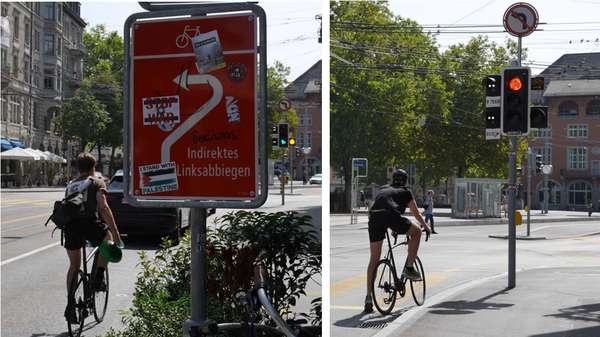 Das indirekte Links-Abbiegen wird mit einem separaten Schild beschrieben.