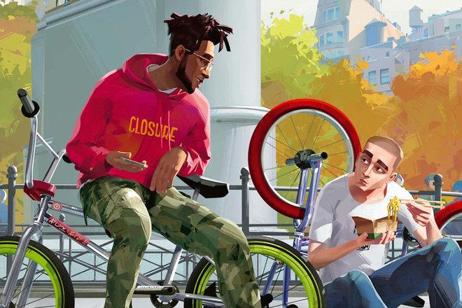 Filmkritik Entergalactic Netflix. Zeichnung von zwei Männern, die mit BMX-Bikes in einem Park sitzen.