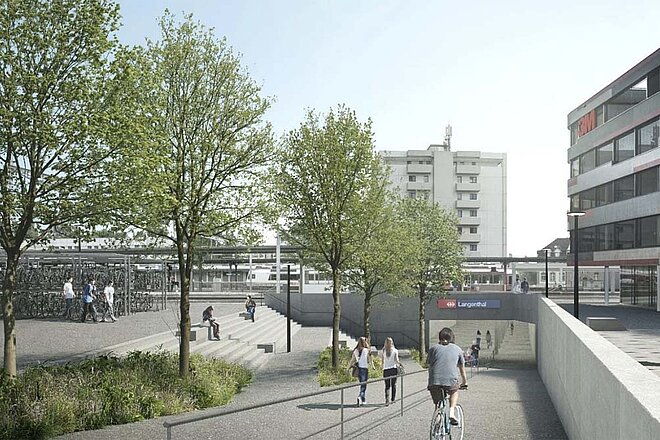 Ein barrierefreier Bahnzugang, mehr Komfort und eine bessere Verbindung der Quartiere für Velo- und Fussverkehr: Das sind die Ziele der Ausbauten im Bahnhof Langenthal. Velos fahren durch eine Unterführung am Bahnhof.