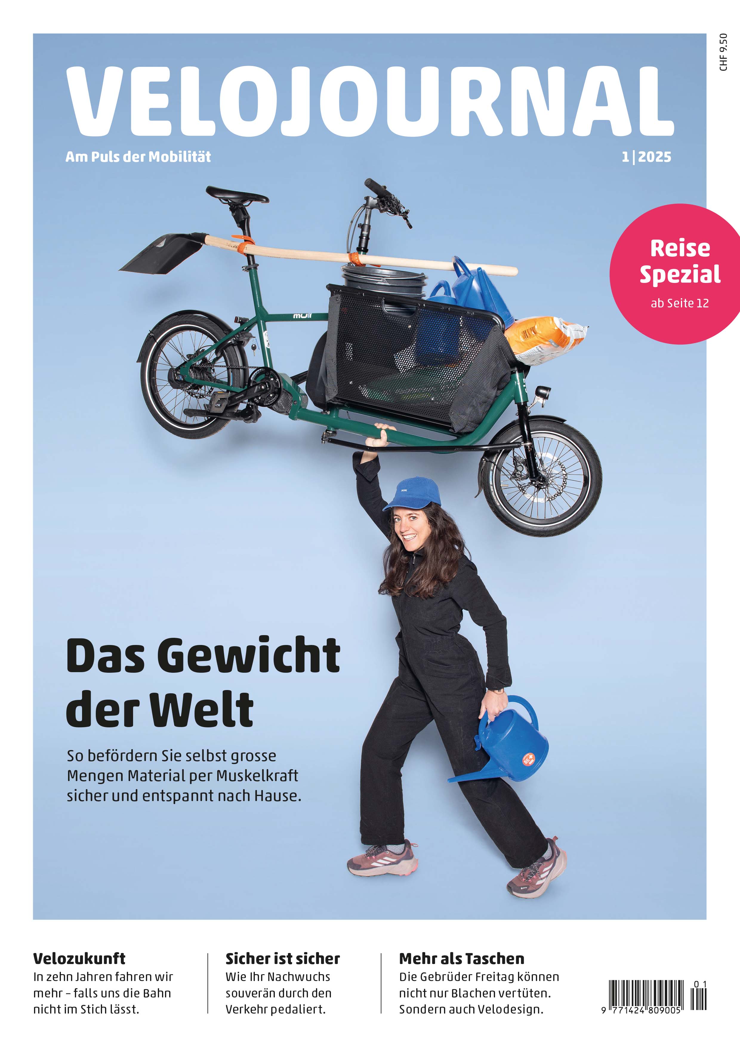 Titelbild eines Magazins. Eine Frau hält ein Lastenrad in die Luft